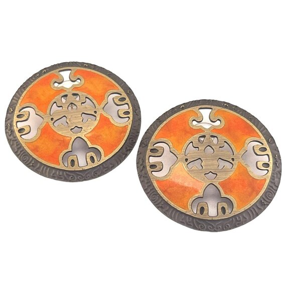 Brass and Enamel Round Pierce Cutout Earrings Round Post Back 2 Inch - Picture 3 of 5